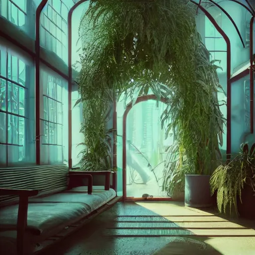 Image similar to 80s interior with arched windows, natural sunlight, summer, hanging plants, cinematic, cyberpunk, lofi, calming, dramatic, fantasy, by Moebius, by zdzisław beksiński, Fantasy LUT, high contrast, epic composition, sci-fi, dreamlike, surreal, angelic, cinematic, 8k, unreal engine, hyper realistic, fantasy concept art,