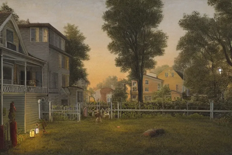 Image similar to Suburban neighborhood with pastel-colored colonial houses and hidden shadowy creatures with bright eyes by crewdson gregory, trees, wooden fences, candles, yellow fireflies, balcony