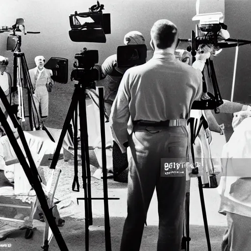 Image similar to Behind the scenes photo of the filming of a movie set on Venus, 1956, black and white, film grain