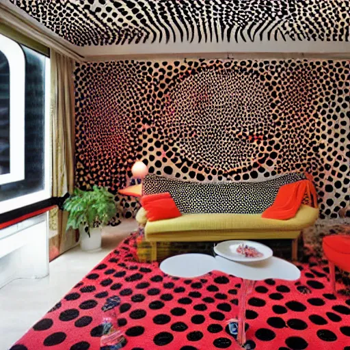 Prompt: A living room with interior design by Yayoi Kusama