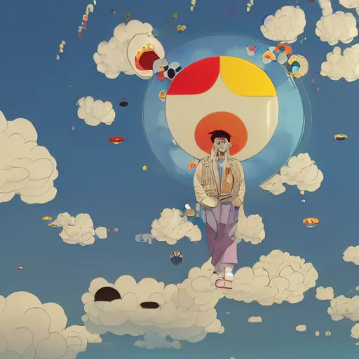 Image similar to a man walking on clouds away from the camera above kyoto by takashi murakami, beeple and james jean, aya takano color style, 4 k, super detailed, modern, 4 k, symmetrical