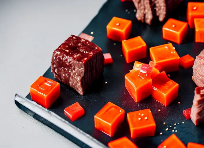 Image similar to dslr food photo still of jello mold with cubes of beef in it, 8 k, 8 5 mm, f 1. 8