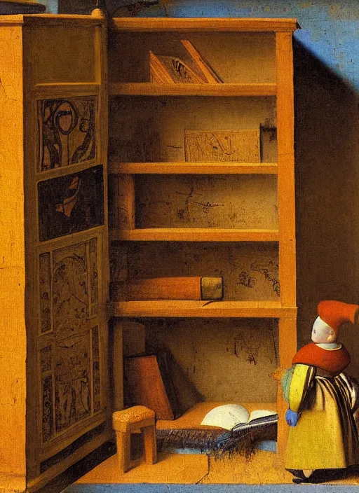 Image similar to bookshelf with children toys, medieval painting by jan van eyck, johannes vermeer, florence