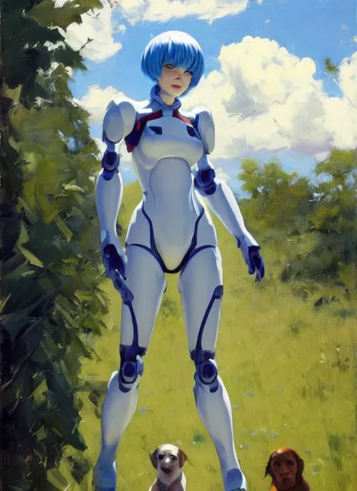 Image similar to Greg Manchess painting of Rei Ayanami in Plugsuit out with the dogs, EVA unit-00 in the back, countryside, fantasy character portrait, dynamic pose, above view, sunny day, thunder clouds in the sky, artwork by Jeremy Lipkin and Giuseppe Dangelico Pino and Michael Garmash and Rob Rey, very coherent asymmetrical artwork, sharp edges, perfect face, simple form, wacky, 100mm