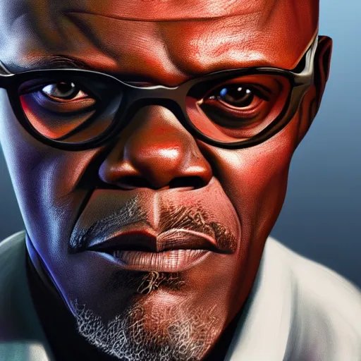 Image similar to Portrait of Samuel L. Jackson, highly detailed, ominous background, artstation, trending on ArtStation, by smile _zPRO