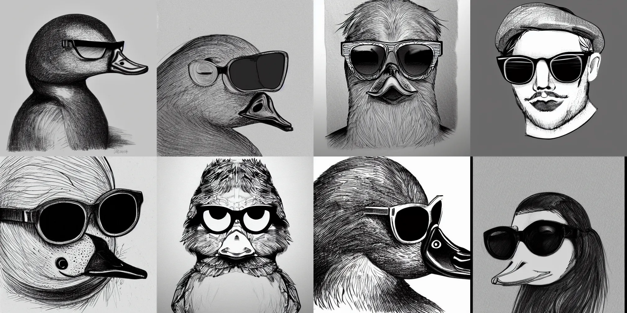 Prompt: portrait duck in sunglasses, lineart, sketch