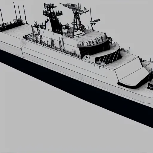Image similar to a wireframe render of a modern navy ship, dark background, AutoCAD