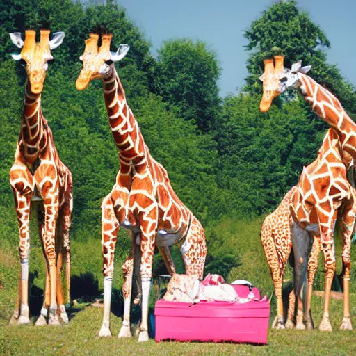 Prompt: mechanical giraffes, having a picnic, realistic, daylight, 3 5 mm, photo