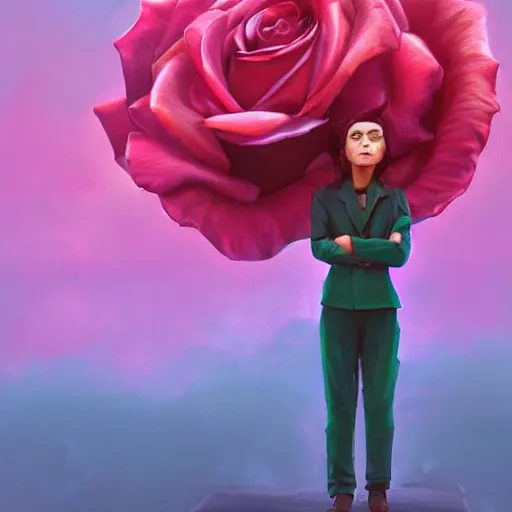 Image similar to closeup, large rose flower under head, frontal, girl in a suit, surreal photography, sunrise, dramatic light, impressionist painting, digital painting, artstation, simon stalenhag