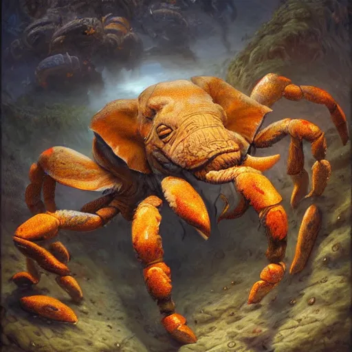 Image similar to elephant - crab creature, oil painting by justin gerard, deviantart