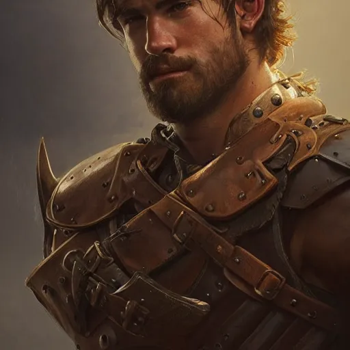 Prompt: portrait of a young rugged ranger, muscular, upper body, leather armor vest, D&D, fantasy, intricate, cinematic lighting, highly detailed, digital painting, artstation, concept art, smooth, sharp focus, illustration, art by Artgerm and Greg Rutkowski and Alphonse Mucha