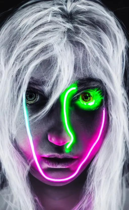 Image similar to A woman with glowing eyes, neon on black, Sony a7R IV, symmetric balance, polarizing filter, Photolab, Lightroom, 4K, Dolby Vision, Photography Award