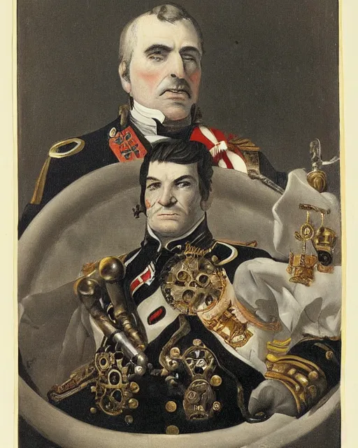 Prompt: a portrait of Emperor Franz Josef as a steampunk captain, art by by Joseph Karl Stieler and Théodore Gericault and Eugène Delacroix, highly detailed, trending on wikiart