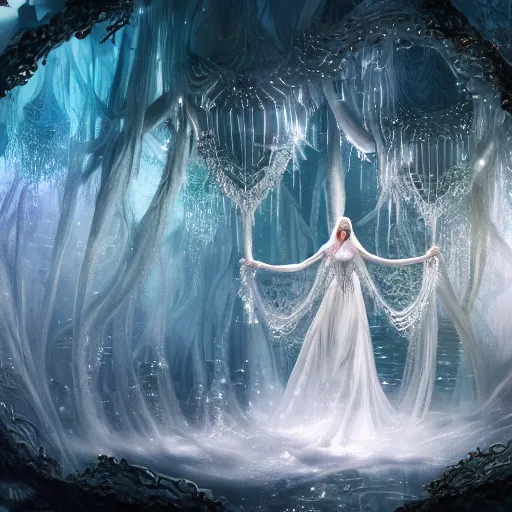 Prompt: under an white intricate like jewels epic forest suspended in the air upside down, a white pool with intricate epic circles of water within which float phantasmagoric female robots, dressed in intricate veils and jewels, epic environment, matte painting, diffused lighting, highly detailed, cinematic, epic atmosphere, digital art, trending on artstation, wide angle