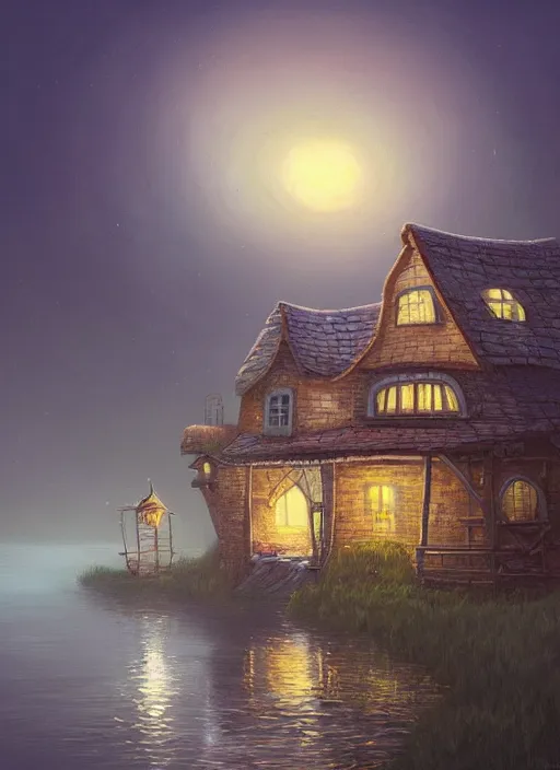 Image similar to painting of a house by a bridge over river at night, a storybook illustration by gediminas pranckevicius, featured on artstation, fantasy art, storybook illustration, artstation hq, atmospheric