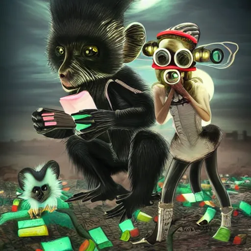 Image similar to Monkey in a Victorian era cyber punk dress dancing in a landfill with a vampire racoon and a goth fairy frog, hyper realistic, cgsociety,