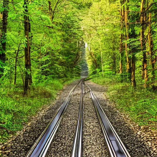 Image similar to Tram line in a forest, 8k UHD, high quality, studio photo,