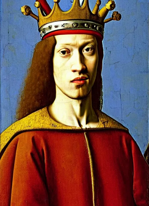 Image similar to portrait of a young king with a crown, medieval painting by Jan van Eyck, Johannes Vermeer, Florence