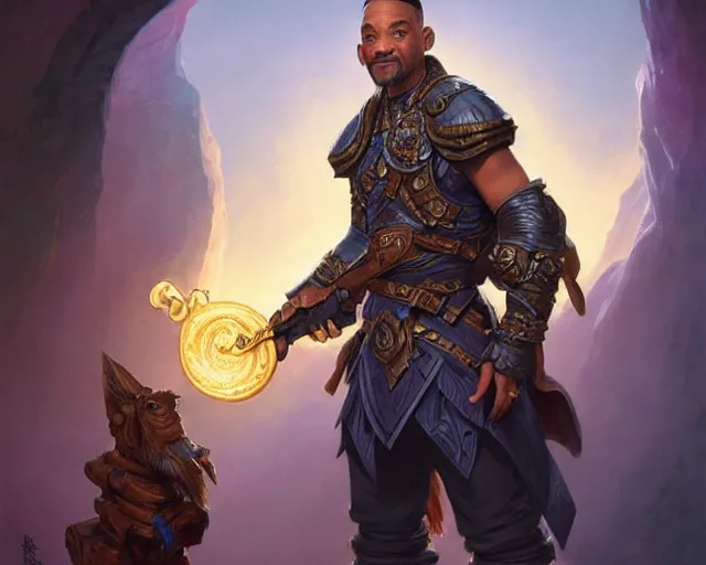 Image similar to if will smith was a halfling from d & d, deep focus, d & d, fantasy, intricate, elegant, highly detailed, digital painting, artstation, concept art, matte, sharp focus, illustration, hearthstone, art by artgerm and greg rutkowski and alphonse mucha