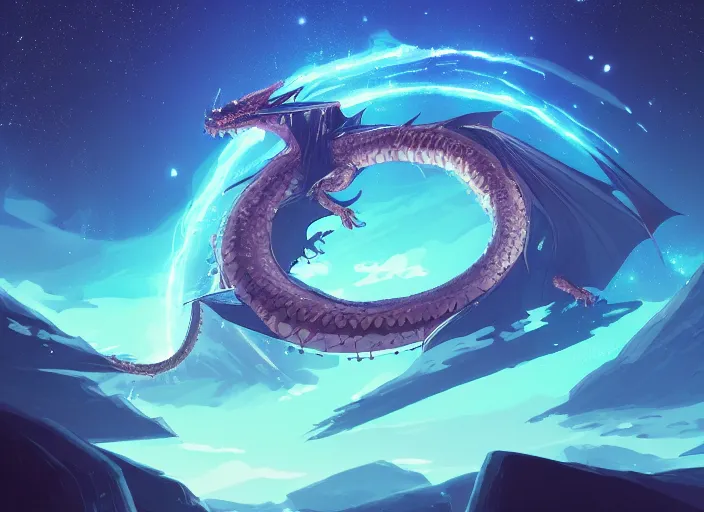 Image similar to a dragon worm flying through the night sky, glowing blue, surrounded by brilliant stars, by sylvain sarrailh, rossdraws, ambient light, ultra detailed, fantasy artwork, cinematic shot, 8 k, volumetric lighting, trending on artstation, award winning, very beautiful.