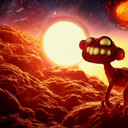 Image similar to eldritch horror bloody garfield in space, hd, 8 k, giant, epic, realistic photo, unreal engine, stars, prophecy, powerful, cinematic lighting, destroyed planet, debris, violent, sinister, ray tracing, dynamic, epic composition, dark, horrific, teeth, grotesque, monochrome drawing, hellscape