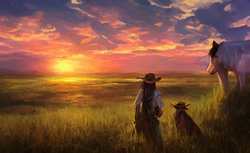 Prompt: a cowgirl watching the sunset peacefully over her farm, anime concept art, 4k