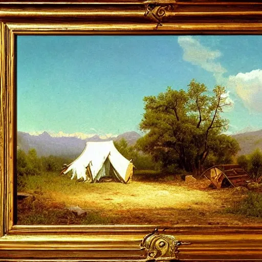 Image similar to A painting of a small camp on the side of a dirt road, painting by Albert Bierstadt