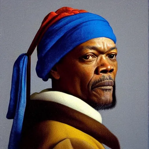 Prompt: Samuel L Jackson with a pearl earring by Johannes Vermeer