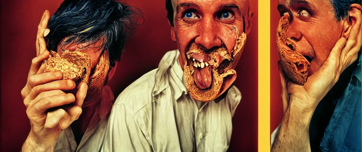 Image similar to award winning photo of a soulless man eating dry bread, vivid colors, happy, symmetrical face, beautiful eyes, studio lighting, wide shot art by sally mann & arnold newman