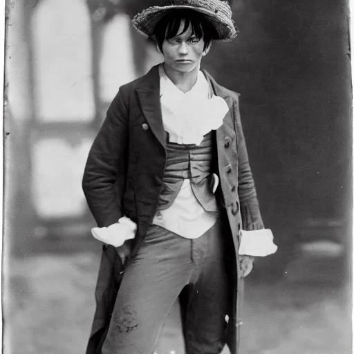 Image similar to a daguerrotype photo of luffy cosplayer, very early film stock, 1 8 0 0 s, vintage