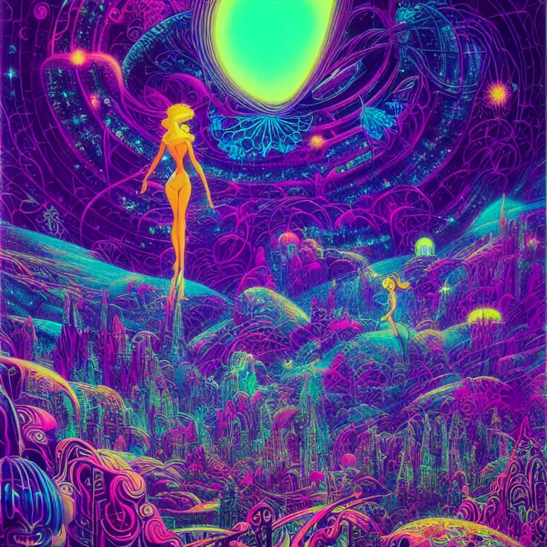 Prompt: cosmic girl hovers over mythical crystal city, psychedelic waves, synthwave, bright neon colors, highly detailed, cinematic, eyvind earle, tim white, philippe druillet, roger dean, ernst haeckel, lisa frank, aubrey beardsley