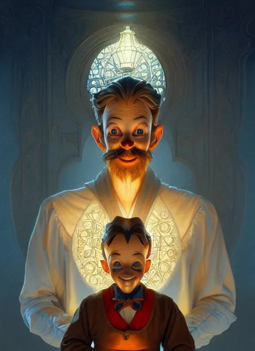 Image similar to symmetry portrait of geppetto from pinocchio, glowing lights, intricate, elegant, highly detailed, digital painting, artstation, concept art, smooth, sharp focus, illustration, art by artgerm and greg rutkowski and alphonse mucha