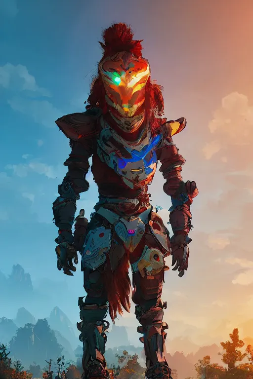 Image similar to combination suit armor aloy horizon forbidden west horizon zero dawn radiating a glowing aura global illumination ray tracing hdr fanart arstation by ian pesty and alena aenami artworks in 4 k tribal robot ninja mask helmet backpack