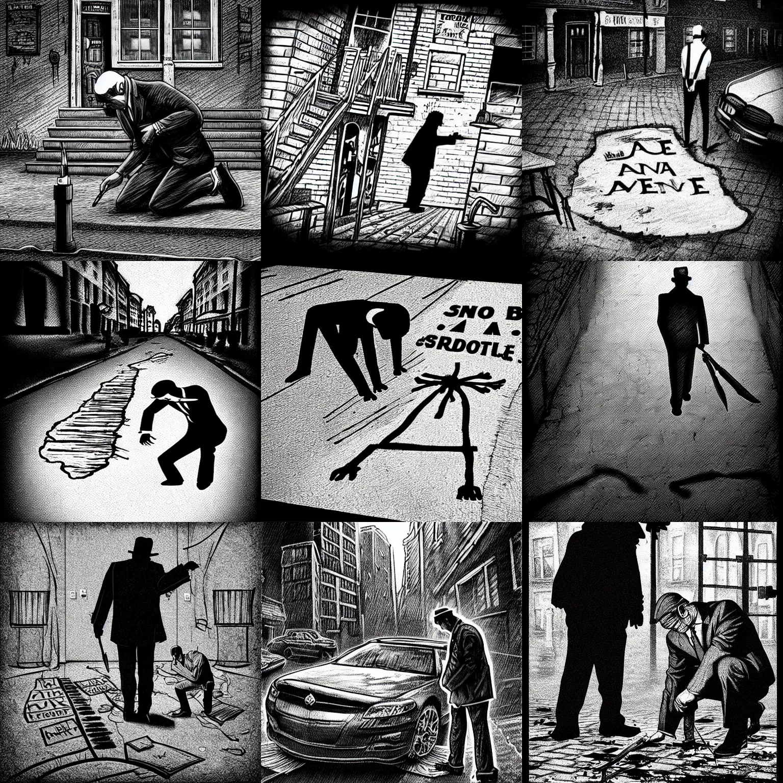 Prompt: pen and ink a detective at a gruesome crime scene chalk outline, impressive scene. grainy and rough. black and white colour scheme. beautiful artistic detailed digital art