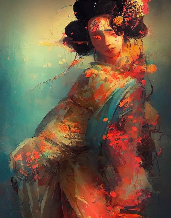 Image similar to portrait of a beautiful geisha, volume lighting, concept art, by greg rutkowski!!, colorful, xray melting colors!!