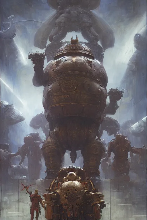 Prompt: scientists in a laboratory observe an elephantine extraterrestrial wearing armour, painted by ruan jia, raymond swanland, lawrence alma tadema, zdzislaw beksinski, norman rockwell, jack kirby, tom lovell, alex malveda, greg staples