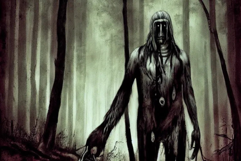 Prompt: mad native american skinwalker in grim forest artwork by ben templesmith