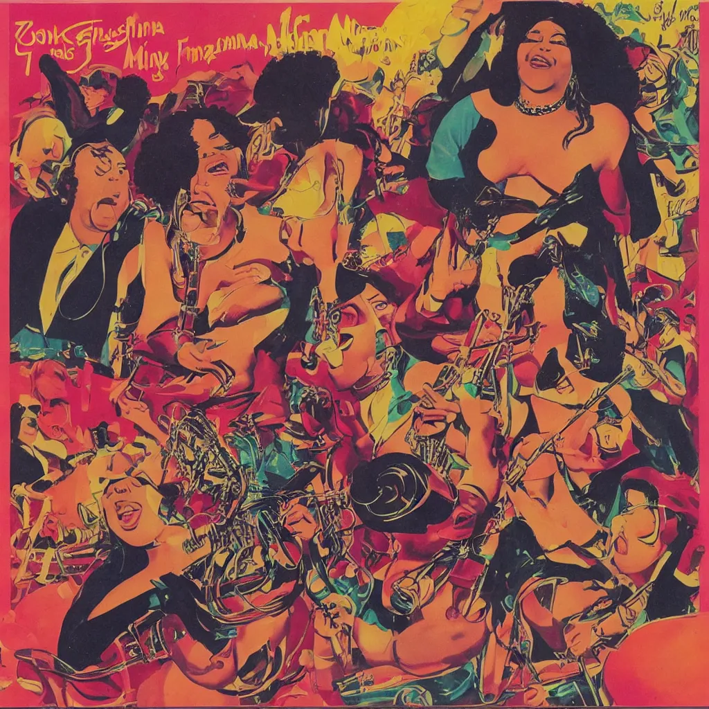 Prompt: 7 0's funk music album cover depicting a voluptuous big bad mama singing her heart out with a very funky funk band in the background