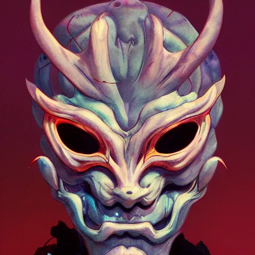 Image similar to prompt : demon mask character portrait soft light painted by james jean and katsuhiro otomo and erik jones, inspired by evangeleon anime, smooth face feature, intricate oil painting, high detail illustration, sharp high detail, manga and anime 1 9 9 9