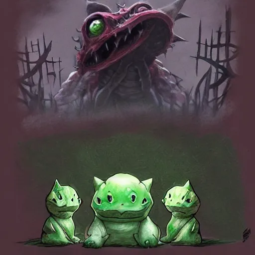 Image similar to Bulbasaur in style of Bloodborne. Concept art, cosmic horror.