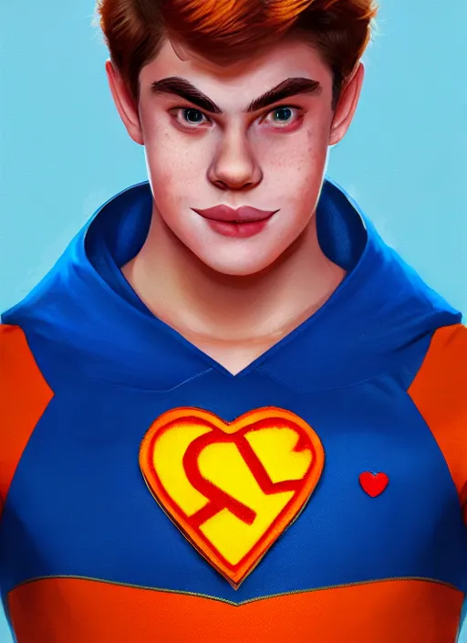 Image similar to friendly teenage archie andrews wearing an orange superhero costume with heart logo, heart, freckles, blue cape, heart emblem on chest, blue cape, intricate, elegant, glowing lights, highly detailed, digital painting, artstation, sharp focus, illustration, art by wlop, mars ravelo and greg rutkowski