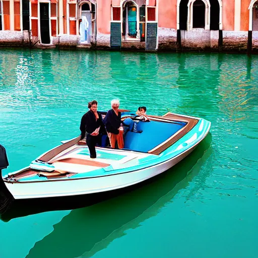 Image similar to a fashionable man driving a riva boat around the the venetian lagoon. kodak portra film photograph. brilliant aqua blues. complimentary color palette.