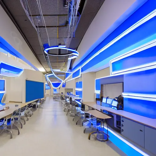 Image similar to off - world science station interior blue light, abundant cables hanging from walls and on floors, high detail