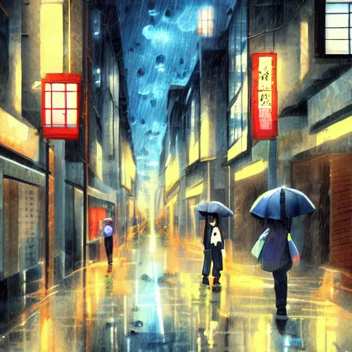 Image similar to a rainy city street in the style of japanese animation, trending on pixiv