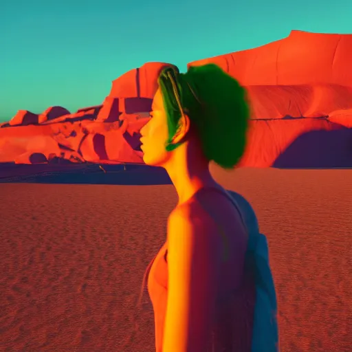 Image similar to a girl glowing with neon colors in the middle of a beautiful desert sunrise, photorealistic, 8k resolution, octane render, unreal engine