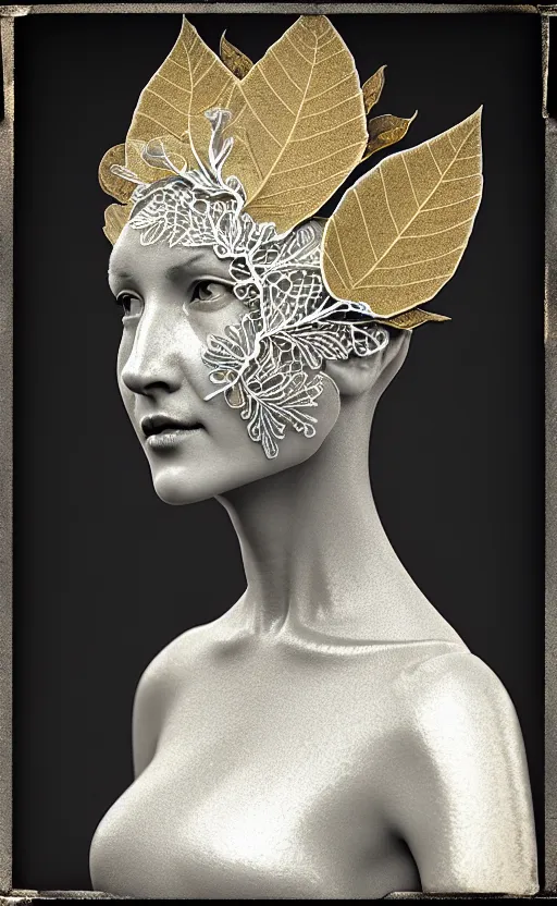 Image similar to [ [ [ tintype ] ] ] 3 d render of a beautiful porcelain profile woman face, vegetal dragon cyborg, rim light, silver gold details, magnolia leaves and stems, roots, fine lace, mandelbot fractal, anatomical, elegant, ultra detailed, white metallic armour, octane render, black and white, h. r. giger style