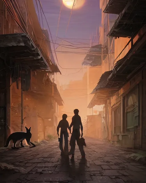 Prompt: big caracal and small cute fluffy caracal in an alleyway, adventure, nightfall. Quiet, serene, calm night. Digital illustration, very vibrant colors, soft lighting, atmospheric lighting, 8K, octane render. By Makoto Shinkai, Stanley Artgerm Lau, WLOP, Rossdraws, warriors fan art, James Jean, Andrei Riabovitchev, Marc Simonetti, krenz cushart, Sakimichan, D&D trending on ArtStation, digital art.