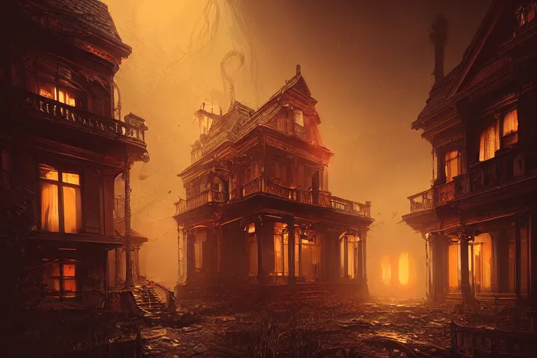 Prompt: A Victorian House of The Void made of eyeballs and tentacles, Red and Orange colored, 4k, masterpiece, cinematic, glowing, by Greg Rutkowski, Trending on Artstation, Behance. Polished, Volumetric Lighting