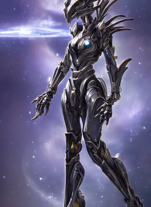 Image similar to goddess shot, galactic sized stunning beautiful anthropomorphic robot mecha female dragon, in space, larger than planets, posing elegantly, holding earth in sharp claws, detailed silver armor, epic proportions, epic scale, ultra detailed digital art, furry art, macro art, dragon art, giantess art, warframe fanart, furaffinity, deviantart, realistic