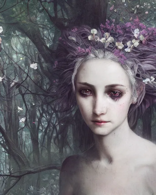 Image similar to a beautiful but creepy young woman in layers of fear, with haunted eyes, violence in her eyes, crazy white hair, wearing a punk outfit, 1 9 7 0 s, seventies, delicate embellishments, a little blood, woodland, moonlight shining on wildflowers, painterly, offset printing technique, by alexandre cabanel